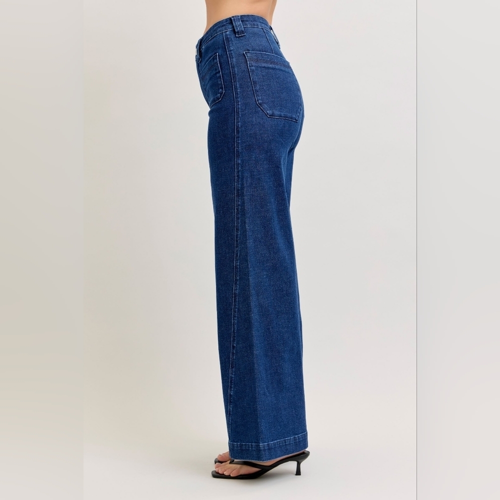 Judy Blue HR Dark Wash Retro Wide Leg Jeans Patch Pocket Wrap Seam Various NEW - Picture 7 of 10